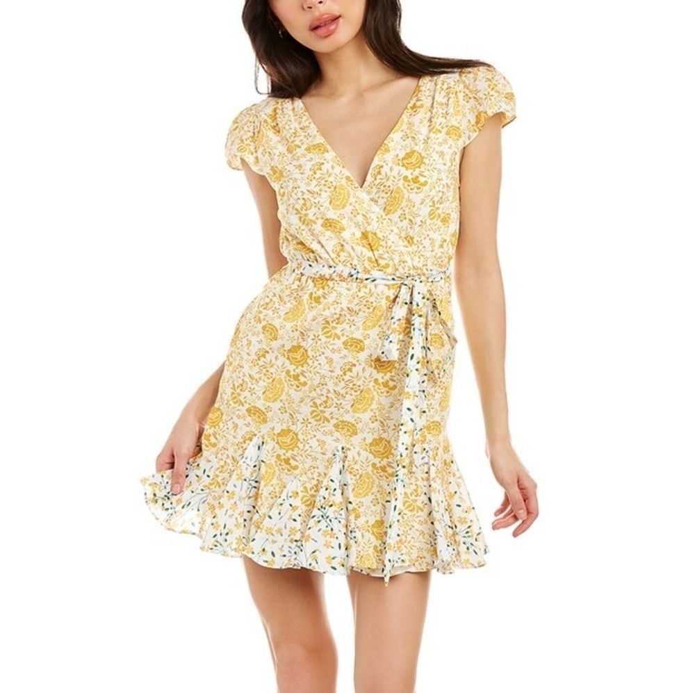 Celina Moon Belted Floral Faux Wrap Cap Sleeve Mini Dress Size Small